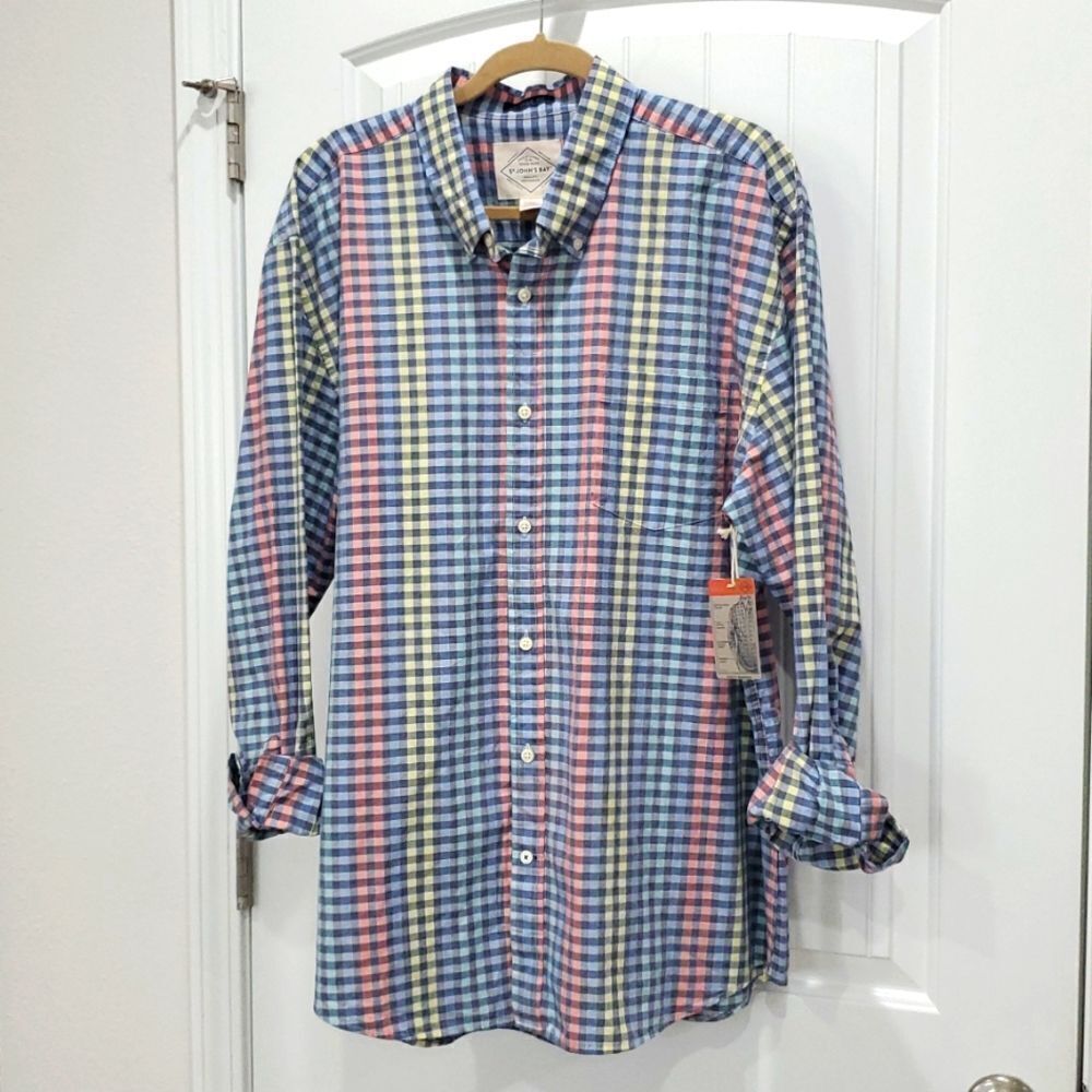 NWT John’s Bay men’s Gingham ,button up shirt. XL 100%cotton classic fit